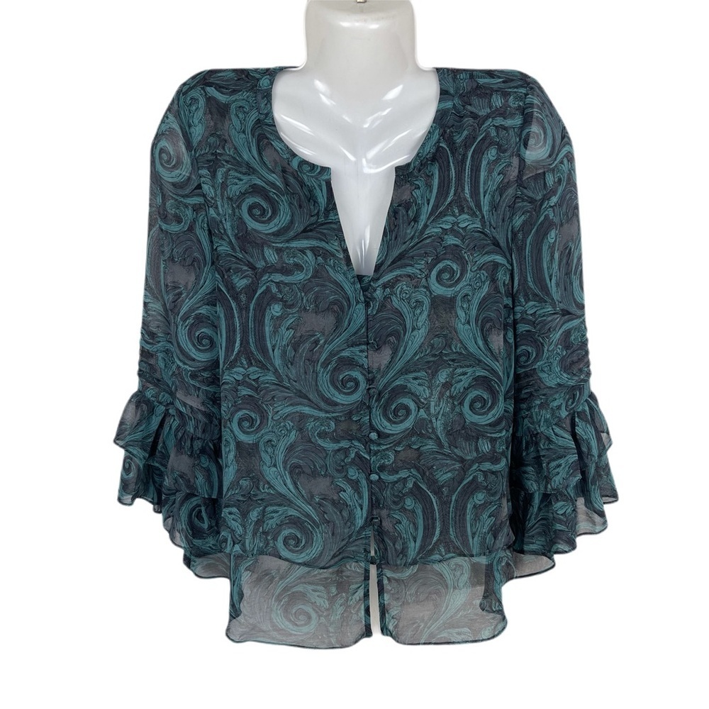 Hinge Green Ruffle detail sleeve Buttoned Blouse